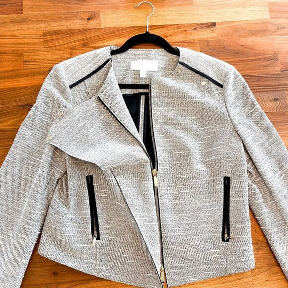 🍋 Boss Hugo Boss •Women’s Grey Cotton Tweed Moto Jacket Size 10 - Picture 5 of 9